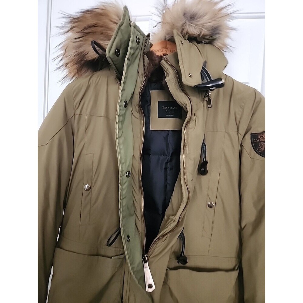 Zara Hooded Puffer Parka Jacket Womens Med With Toggles Olive Army Green - Picture 3 of 12